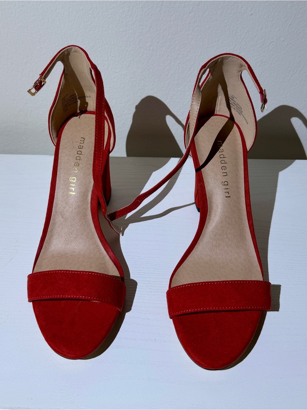 Madden Girl Red Suede Open-Toe Ankle Strap Heels